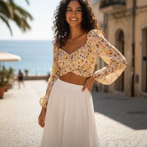 Japna Yellow Floral Twist-Front Long-Sleeve Crop Top